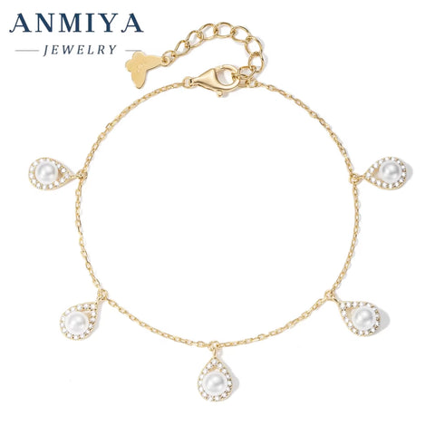 Vintage Silver Jewelry Four-Leaf Clover Bracelet with Water Drop Design & Pearl Inlay, Spring Ring Closure for Boho Style