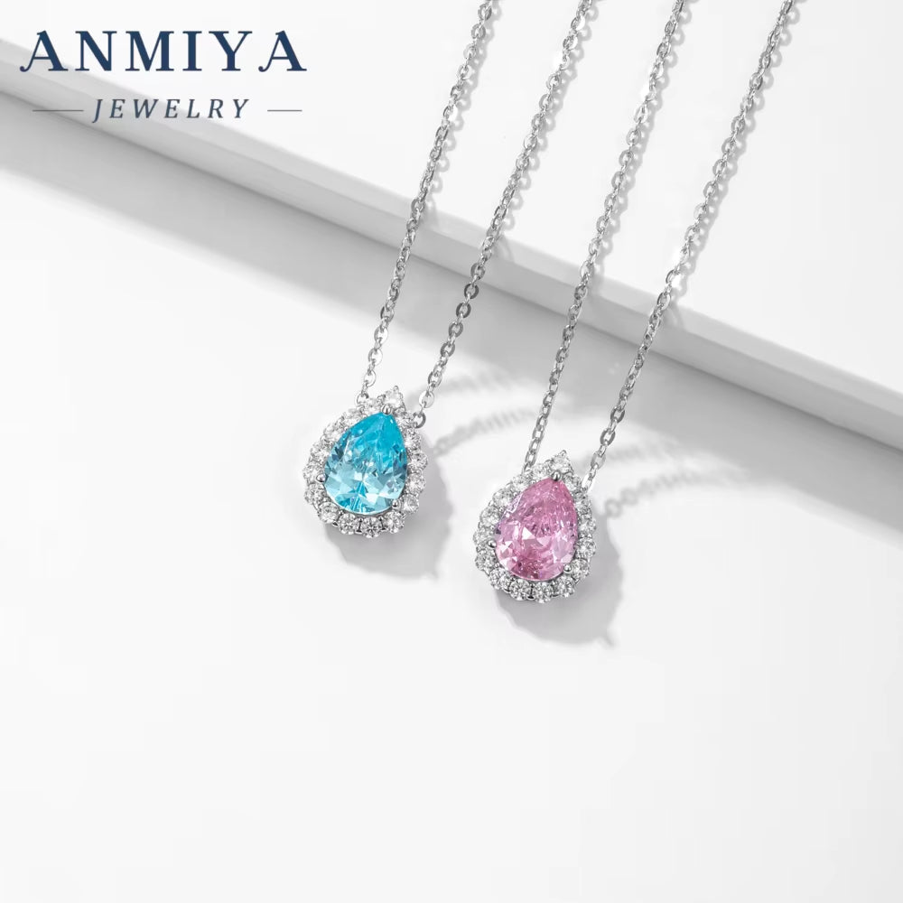 Ice Flower Pear Cut Blue Drop-Shaped Zircon High Carbon Diamond Pendant S925 Sterling Silver Necklace