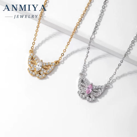 ANMIYA Best Selling Trendy Diamond Necklace 925 Sterling Silver Gifts Women Pink Zirconia Butterfly Necklace