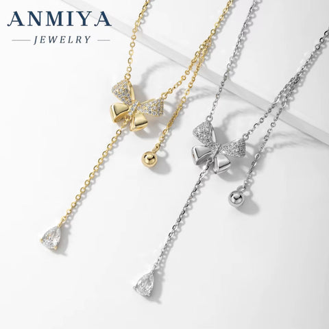ANMIYA INS Butterfly Pendant Necklace 925 Silver Zircon Crystal Tassel Elegant Butterfly Necklaces for Women Girls