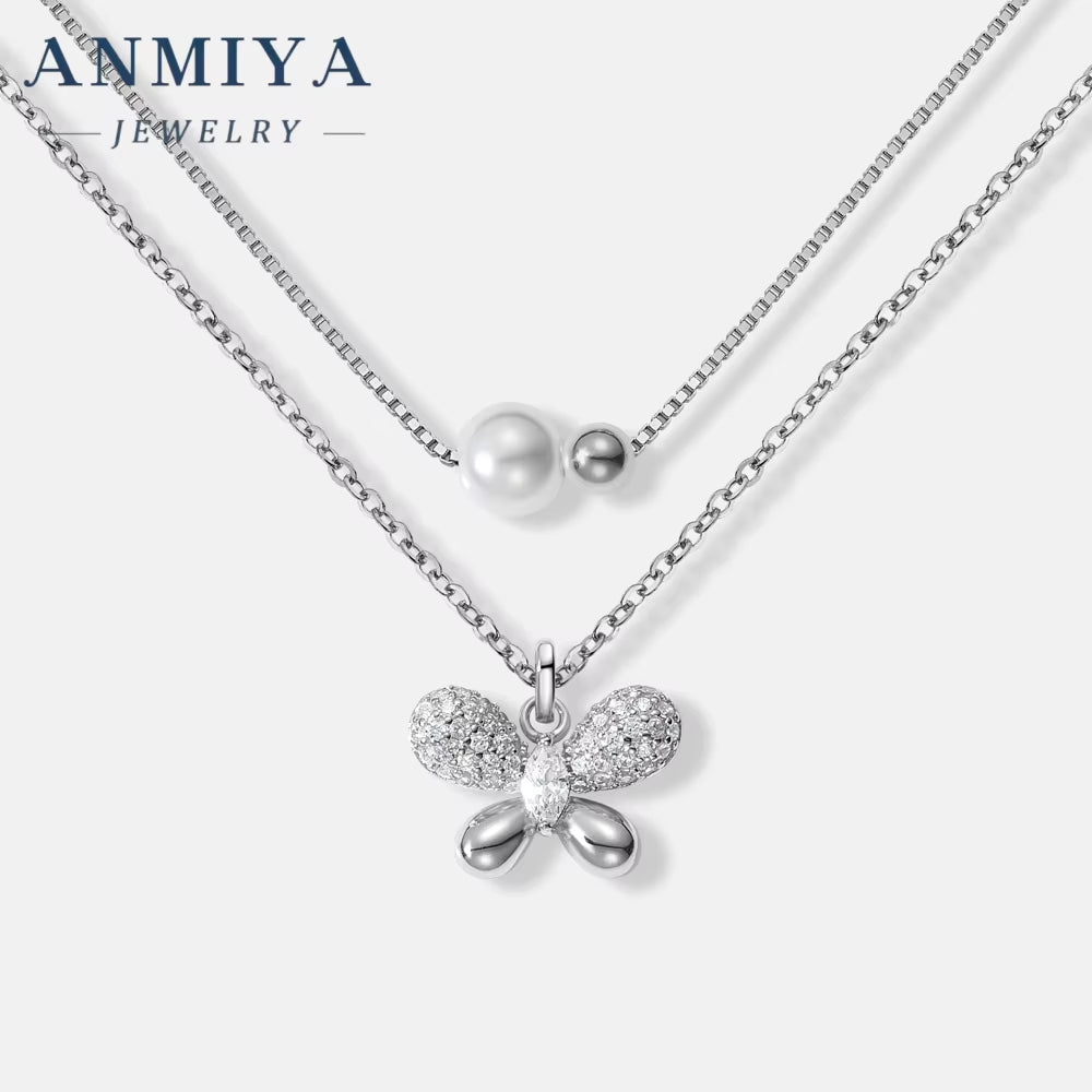 ANMIYA Women Multi-Layered Pearl Butterfly Zircon 925 Sterling Silver Valentine'S Day Charm Necklace for Women