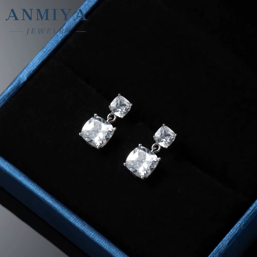 Square Cut 925 Silver Cubic Zirconia Dangle Stud Hypoallergenic Earings Jewelry Women 925 Silver Gift