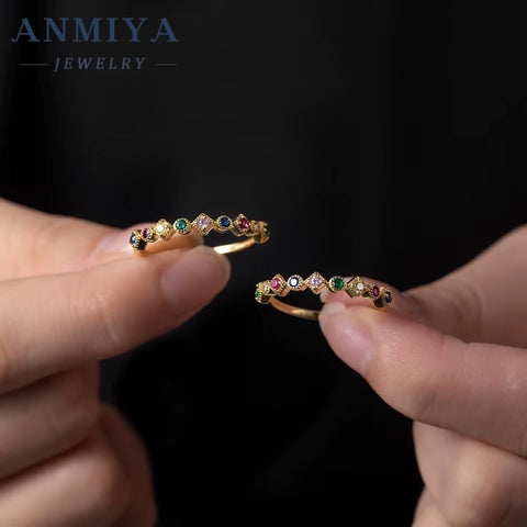ANMIYA 925 Silver 18K Gold Plated Jewelry Micro Pave Cz Rainbow Zircon Wholesale Rings