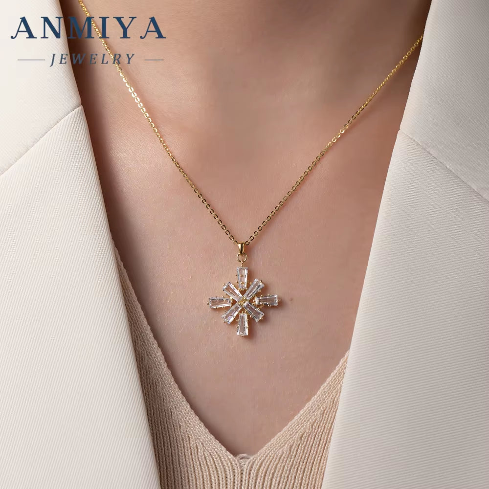 ANMIYA Full Colorful Cubic Zirconia Flower Pendant Necklace Hot Sale CZ Snowflake Pendant Necklace Earrings for Women