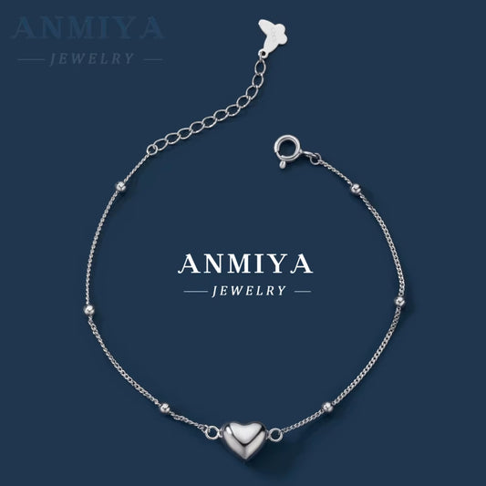 ANMIYA Ins Niche Girl'S Heart Bracelet Waterproof Heart Charm Chain Bangles 925 Silver Women Fine Fashion Bracelet