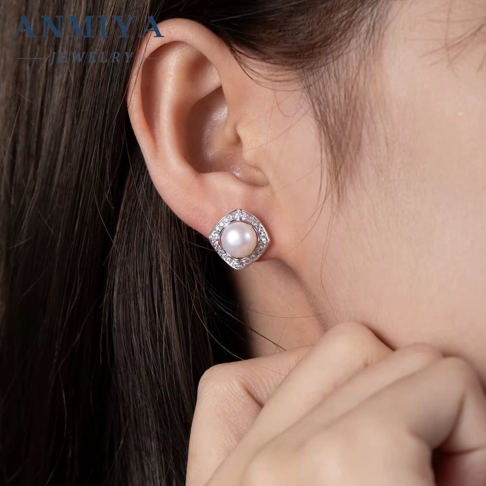 925 Silver Dainty Sterling Silver Vintage Square Big Pearl Earrings for Women