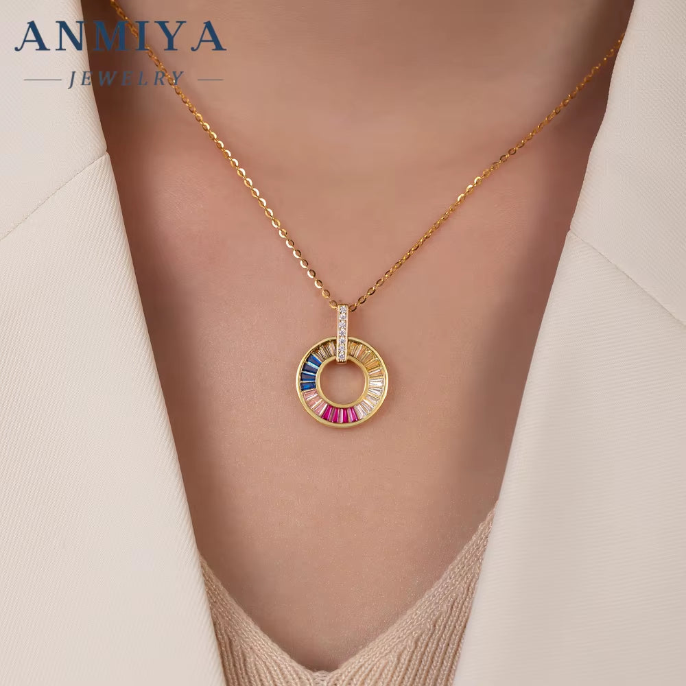 New Design Coloured Zirconia round Pendant Necklace 14K Gold Plated Charm 925 Silver Necklace Jewellery for Women