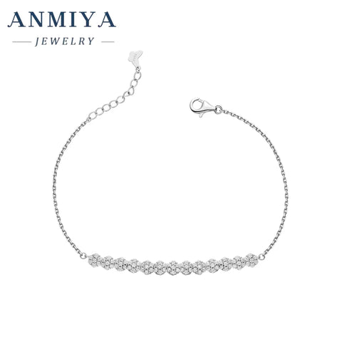 ANMIYA Trendy Sterling 925 Silver Tennis Bracelet High Quality Adjustable CZ Diamond and Flower Hand Chain for Gift