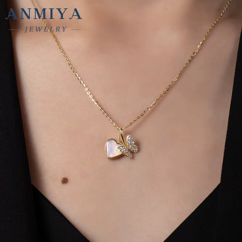 ANMIYA Shiny High Quality 925 Sterling Silver 18K Gold Butterfly and Heart Shape Fashion Necklace