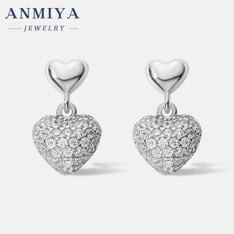 New Design Zircon Charms Heart Shaped Stud Earrings Women Luxury Pendant Earrings 925 Sterling Silver Jewelry Stud Earrings