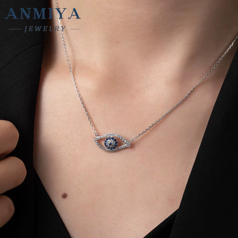 ANMIYA Fashion Blue Color Eye Pendant Necklace Women Simple 925 Sterling Silver Eye Necklace