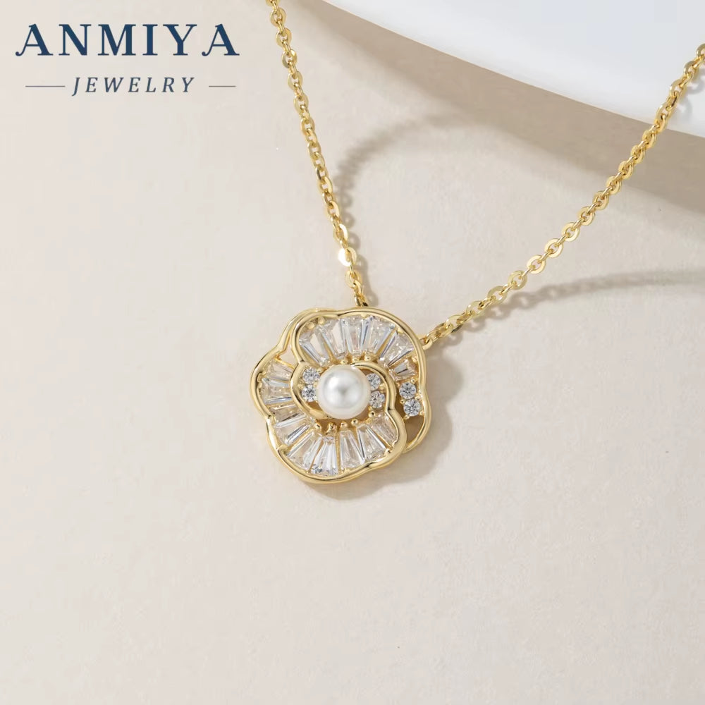 ANMIYA Customilzed 18K Gold Plated Flower Shape Fresh Water Pearls Earrings Necklace Jewelry Set for Girl