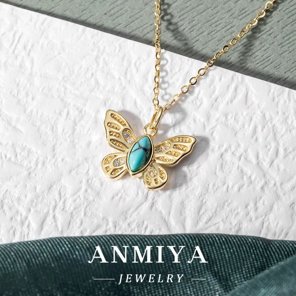 ANMIYA 925 Sterling Silver Butterfly Necklace with Turquoise Stone and Zirconia Women Necklace