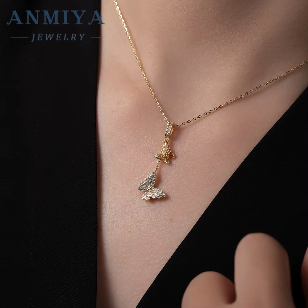 ANMIYA Butterfly Pendant Necklace 925 Silver Zircon Crystal Tassel Butterfly Necklaces for Women Girls
