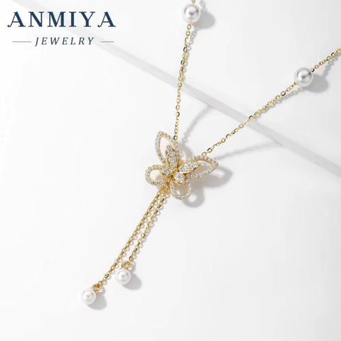 Wholesale Silver Necklace Women 925 Sterling Silver Full Zircon Pearl Butterfly Pendant Necklace Gold Plated Chain Necklaces