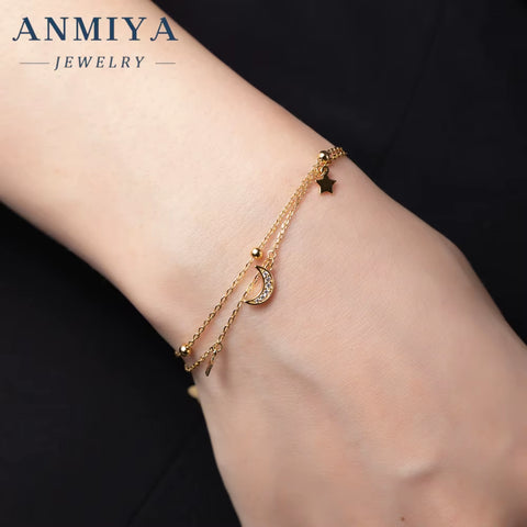 ANMIYA Double Chain Gold Plated Sterling 925 Silver Designer Bracelets Star and Moon Hand Chain for Women Femmes