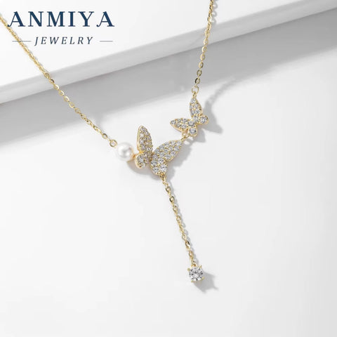 ANMIYA 925 Sterling Silver French Retro Temperament Butterfly Necklace Luxury Elegant Niche Design Versatile Collarbone Chain