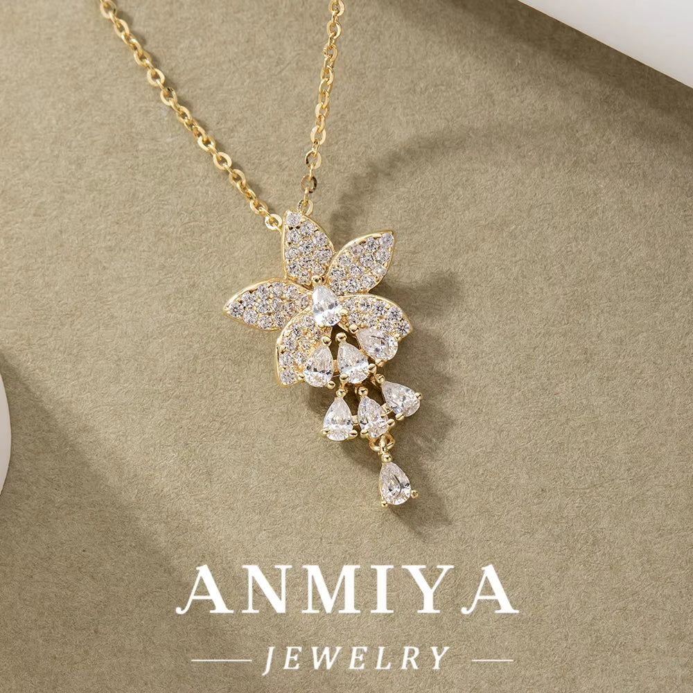 ANMIYA 18K Gold Plated 925 Sterling Silver Flower Pendant 5A Zircon Inoxidable Necklace