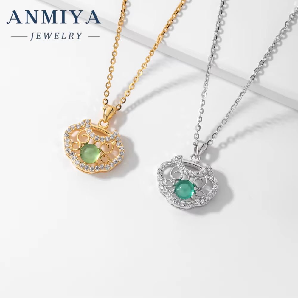 ANMIYA Niche S925 Sterling Silver Chrysoprase Lock Charm Pendant Necklace for Women Bestfriend Jewelry