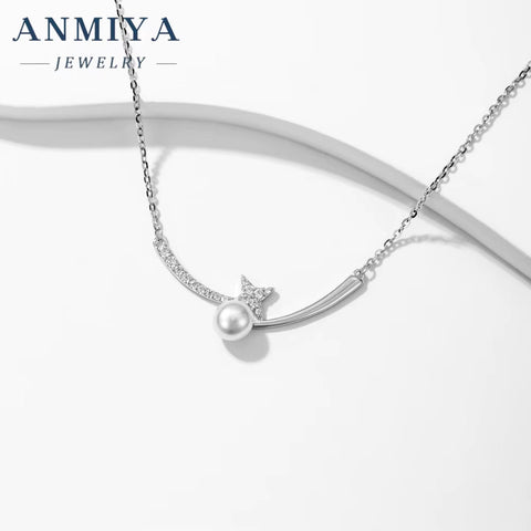 Wholesale S925 Sterling Silver Crescent Moon Star Pendant Necklace for Women Cute Style with Cubic Zirconia