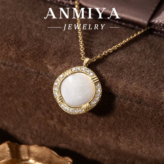 ANMIYA Luxury Unisex 925 Sterling Silver 14K Gold-Plated round Pendant Elegant Design with White Shell Cubic Zirconia Necklace