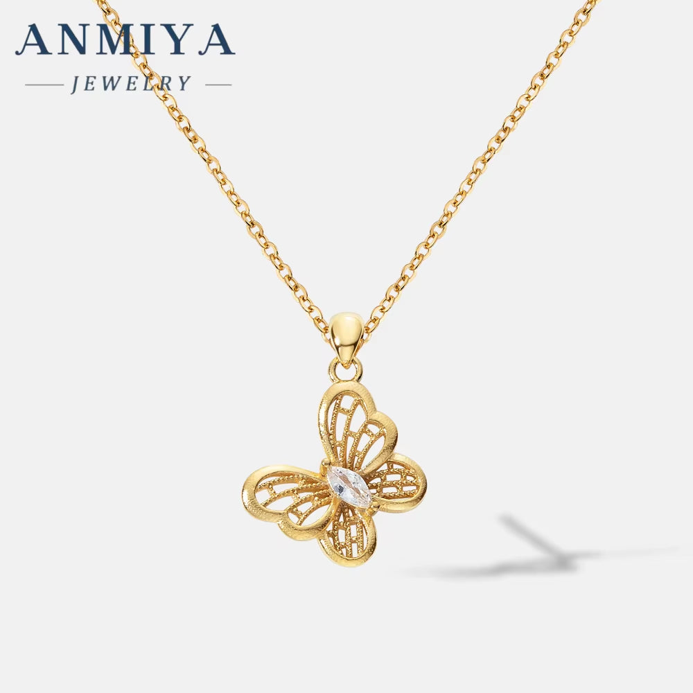 ANMIYA Elegant Hollow Out Zircon Butterfly Necklace 18K Gold 925 Silver Necklace for Women