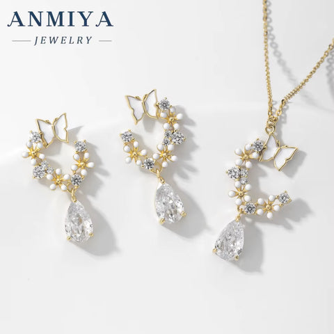 Valentine'S Day Water Drop Butterfly Garland Fine Zirconia Zircon Stone 925 Friendship Necklace Set Earrings for Women