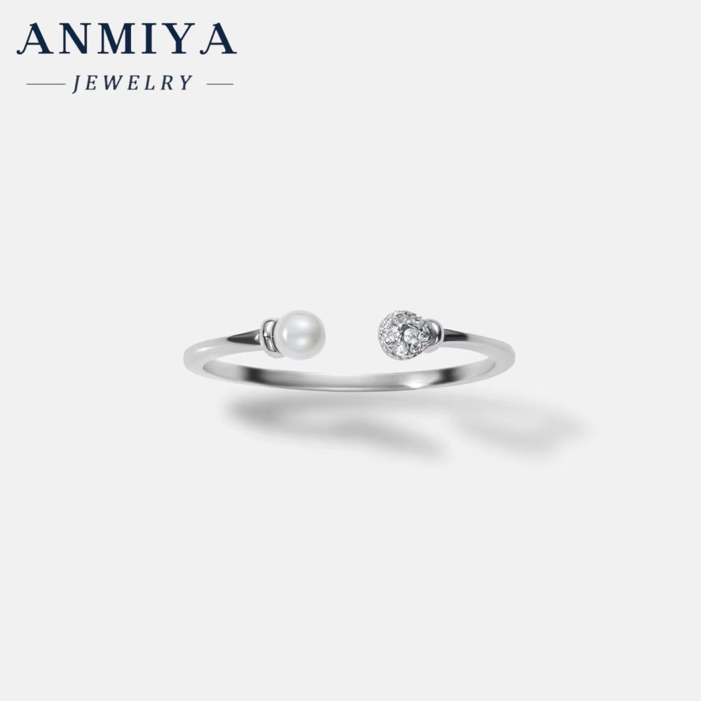 ANMIYA 925 Sterling Silver Freshwater Pearl Rings Set with Cubic Zirconic Open Ring for Lady