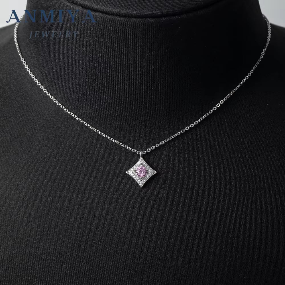 New Arrival round Brilliant Cut Ice Cubic Zirconia 925 Sterling Silver Pendant Trendy Pink Necklace for Anniversary