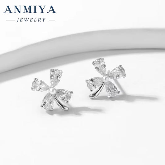 ANMIYA Four Clover Flower Fine Jewelry Fashion 925 Sterling Silver Zircon Stud Earrings for Women Girl