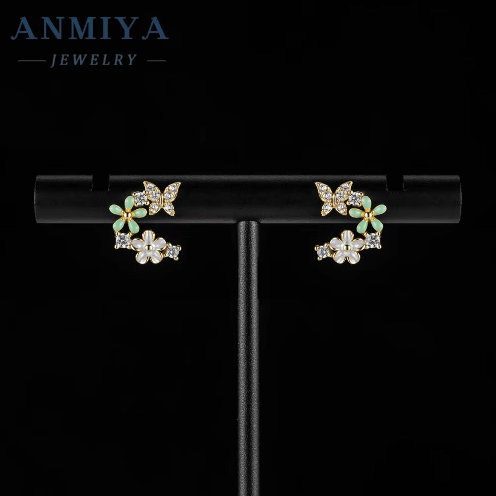 ANMIY Fine Designer Brand Fashion Butterfly Flower Shape Stud Earrings 925 Silver for Girl
