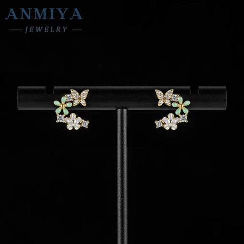 ANMIY Fine Designer Brand Fashion Butterfly Flower Shape Stud Earrings 925 Silver for Girl