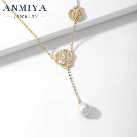ANMIYA Minimalist New Design 18K Gold Plated Necklace Rose Flower Pendant Charm Pearl 925 Silver Necklace for Women