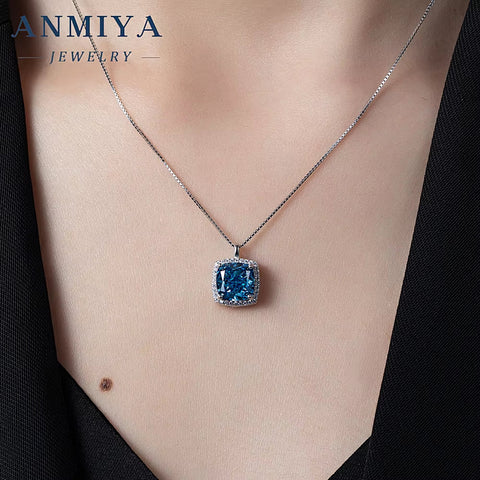 ANMIYA Dainty Sterling Silver Vintage Cushion Ice Cut Square Emerald CZ 925 Silver Jewelry Necklace