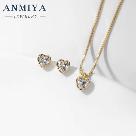 ANMIYA Luxury 2024 Fashion New 925 Silver Charm Necklace Heart Zircon Stone Earrings Necklace Set for Women