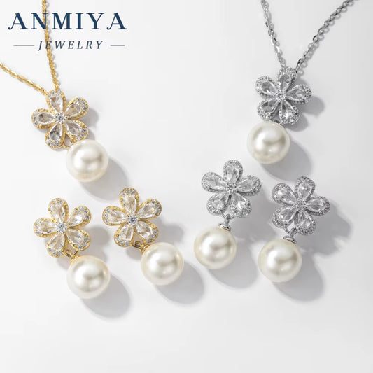 New Fashion Jewelry-Set Fresh Water Pearl Flower 925 Silver Necklace Earrings Bridal Jewelry Wedding Flower Earrings Jewelry Set