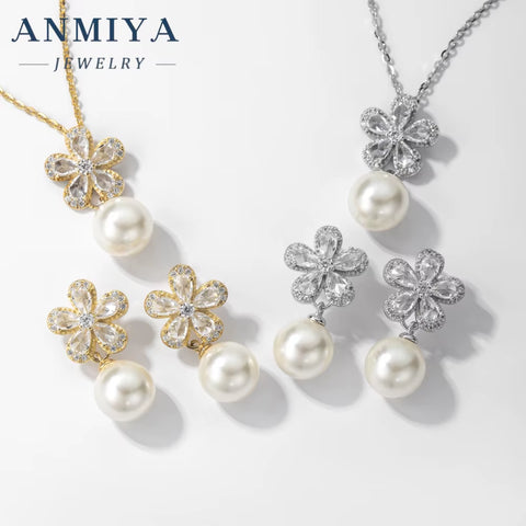 New Fashion Jewelry-Set Fresh Water Pearl Flower 925 Silver Necklace Earrings Bridal Jewelry Wedding Flower Earrings Jewelry Set