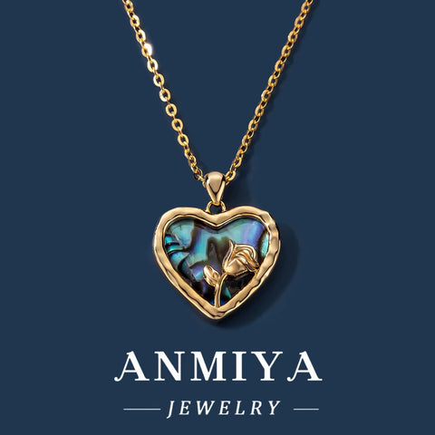 ANMIYA Purple Natural Shell Heart Necklace Rose 18K Gold 925 Silver Fashion Necklace for Lover