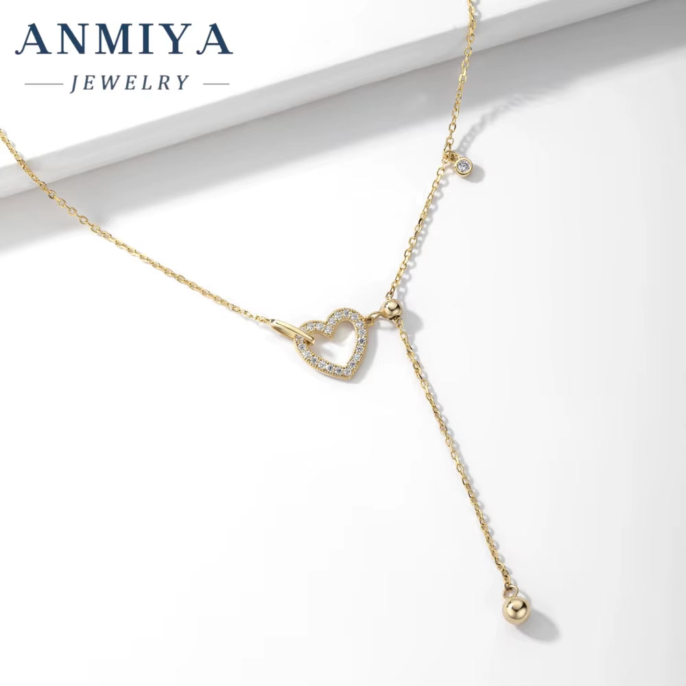 ANMIYA Fashion 18K Gold Plated 925 Sterling Silver Tassel Clavicle Chains Hollow Out Heart Pendant Necklace for Women