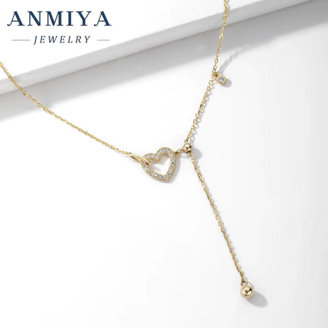 ANMIYA Fashion 18K Gold Plated 925 Sterling Silver Tassel Clavicle Chains Hollow Out Heart Pendant Necklace for Women