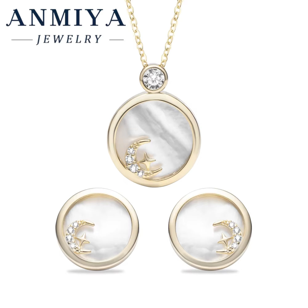 Classic Silver 925 Jewelry Set with White Shell Accents Circle Design and Star Moon Motif for Daily Accessories