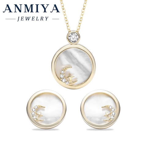 Classic Silver 925 Jewelry Set with White Shell Accents Circle Design and Star Moon Motif for Daily Accessories