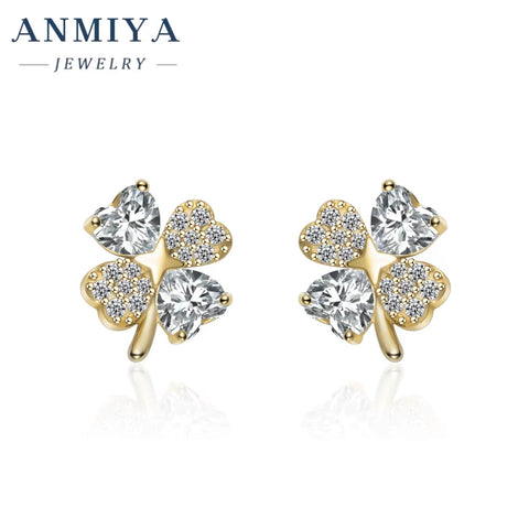 Luxury 925 Sterling Silver Diamond Zircon Flower Stud Earrings 18K Gold Plated Four Leaf Clover Earrings for Women