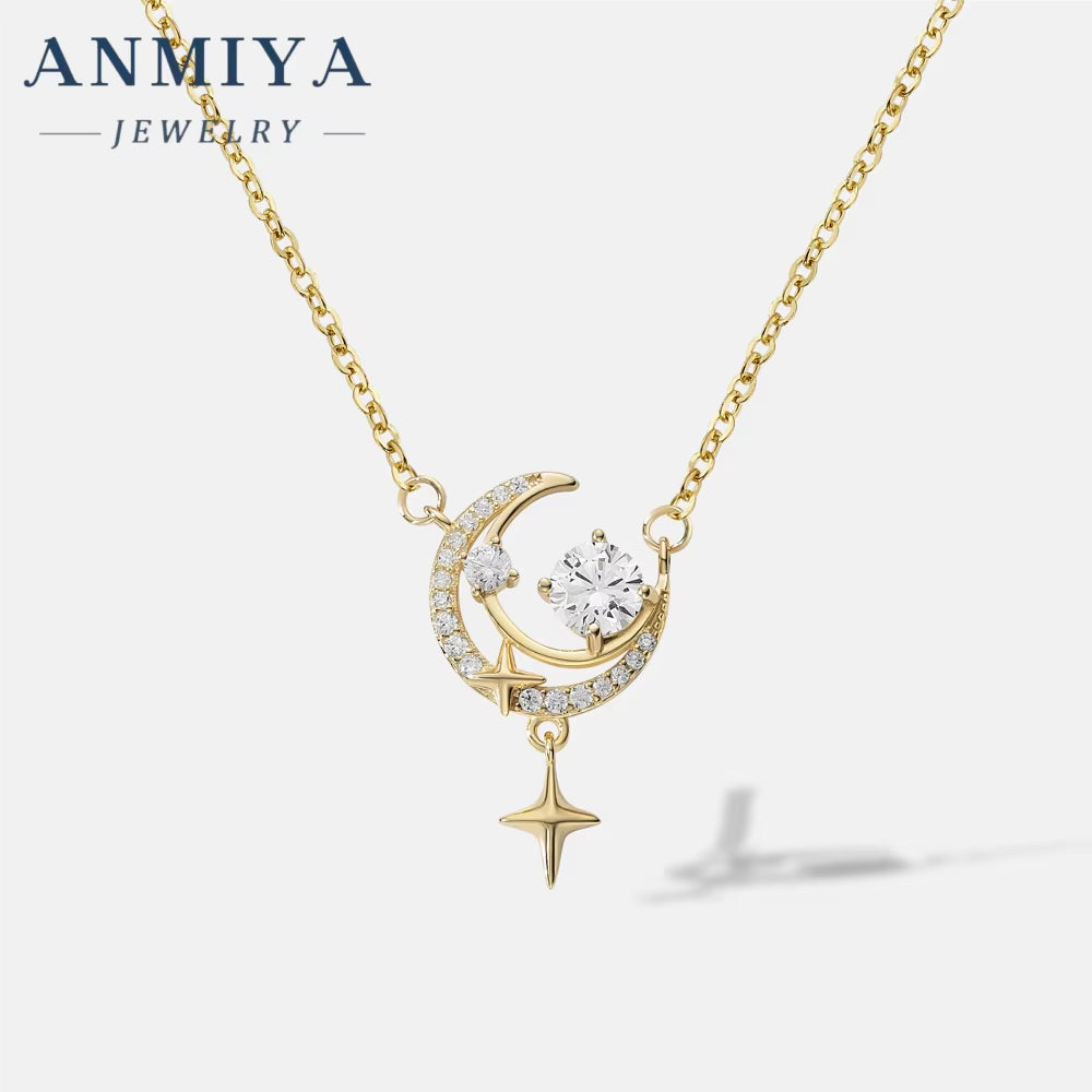 ANMIYA Fashion Women'S Waterproof 18K Gold Plated 925 Silver Moon & Star Pendant Necklace
