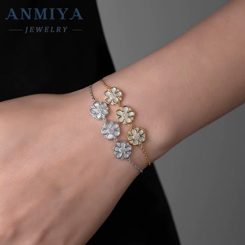 ANMIYA Delicate Flower Charm Bracelet 925 Sterling Silver Fashion CZ 18K Gold Bracelet for Women Party Fine Jewelry