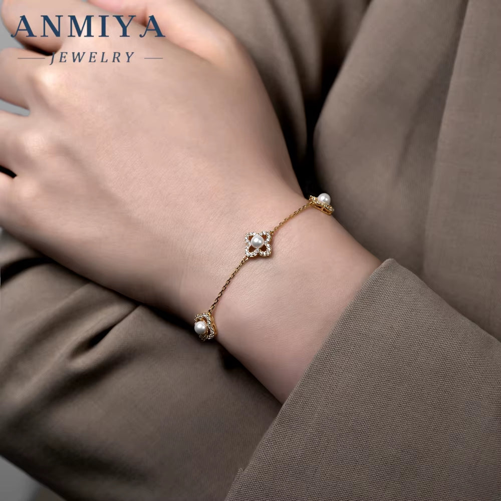 Gift Box Included Luxury Silver Jewelry Trio - Pear-Inlaid Clover Bracelet with Floral Cutouts Accents for Wedding