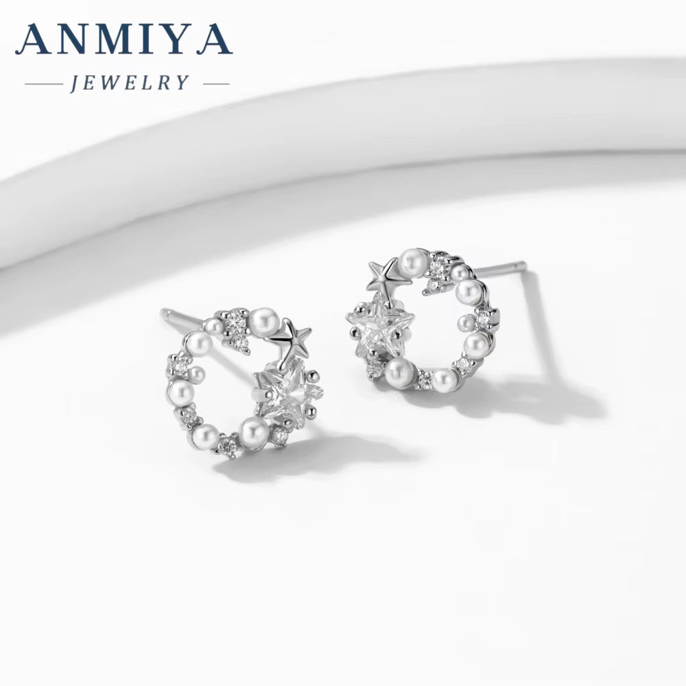 ANMIYA Unique Elegant Garland Star and Pearl Ins Fashion Jewelry Stud Earrings S925 for Bridal