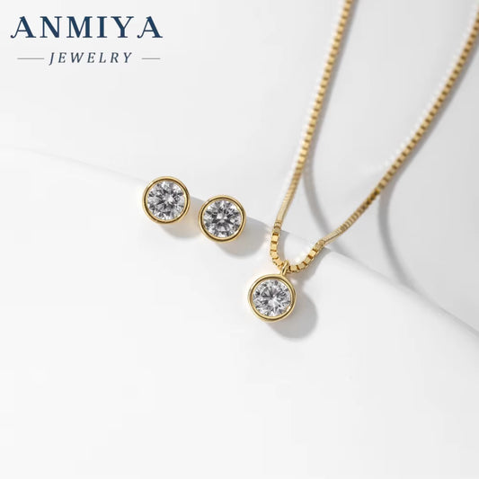 Fine Jewelry Hot Fashion 925 Sterling Silver round White Zircon Pendant Necklace Earrings Set for Women Girls