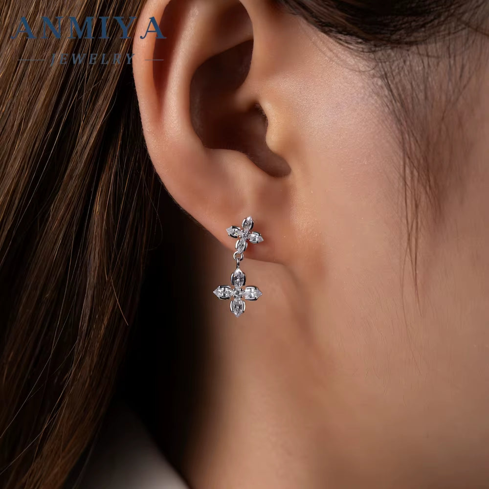 Fashion Jewelry 925 Sterling Silver Flower Earrings Zircon Diamond Dangling Earrings 925 Silver Stud Earrings Women