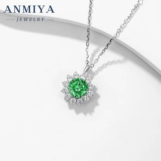 Minimalist Sun Shape Green round Brilliant Cut Zircon Shine 925 Sterling Silver Jewelry Necklace